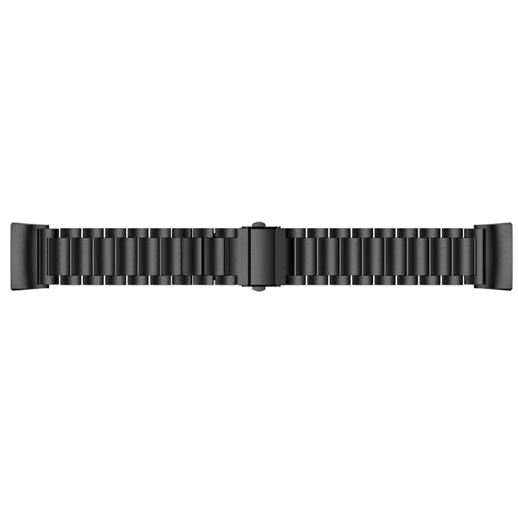 Black stainless steel watch band with slingshot buckle clasp, flat side view