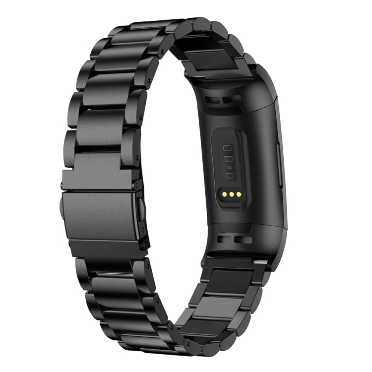 Black stainless steel watch band with three-bead links and slingshot buckle, side view