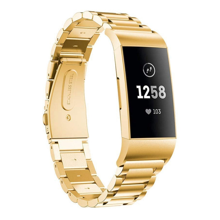 Gold stainless steel watch band with slingshot buckle, three-bead link design