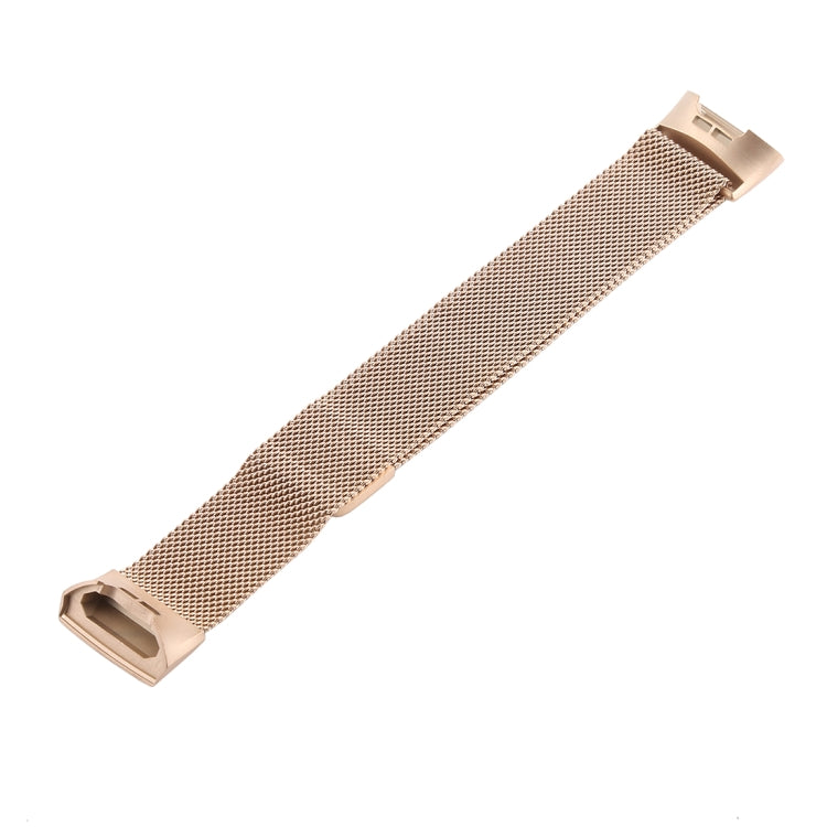 Gold metal mesh watch band with end clasp and recessed rectangular connector