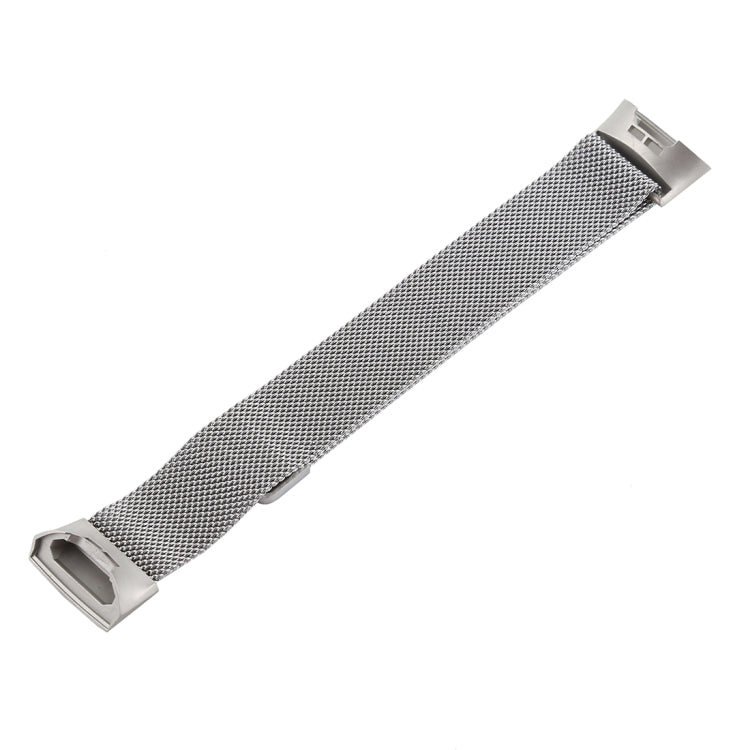Silver metal mesh watch band with end clasp and rectangular connector