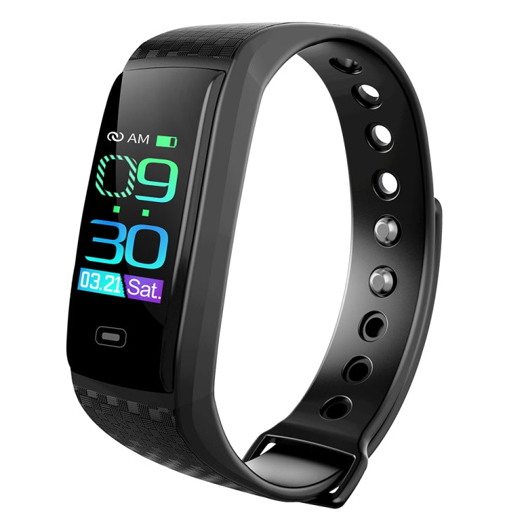 Black smart bracelet with glowing screen, textured silicone band and side buttons