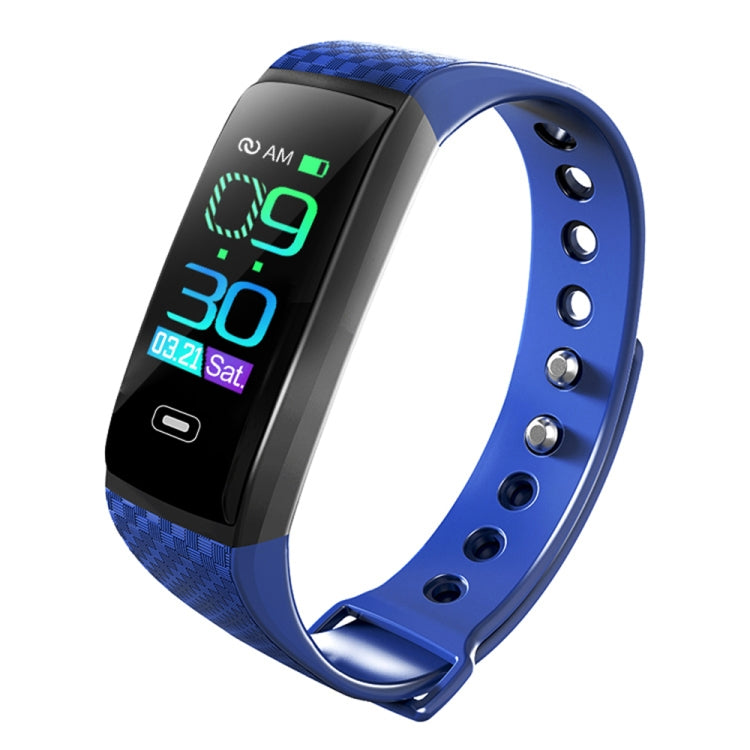 Blue smart bracelet with glowing display, textured silicone strap with metal pins