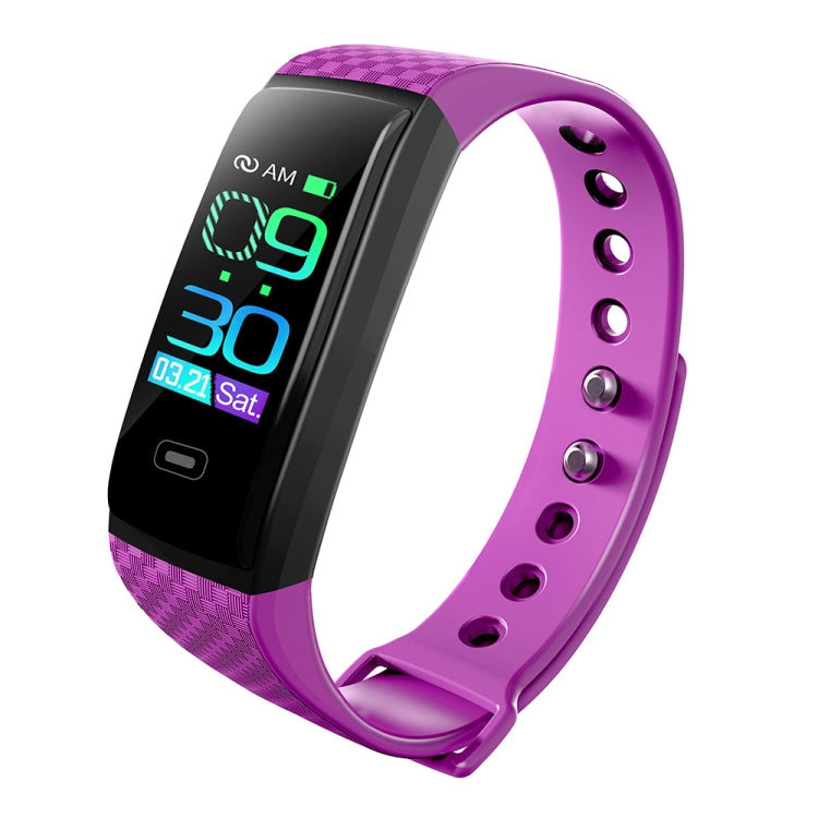 Purple smart bracelet with 0.96-inch screen showing time and heart-rate graphics.