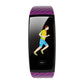 Purple and black smart bracelet with colorful fitness display on the screen.