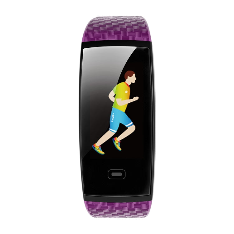 Purple and black smart bracelet with colorful fitness display on the screen.