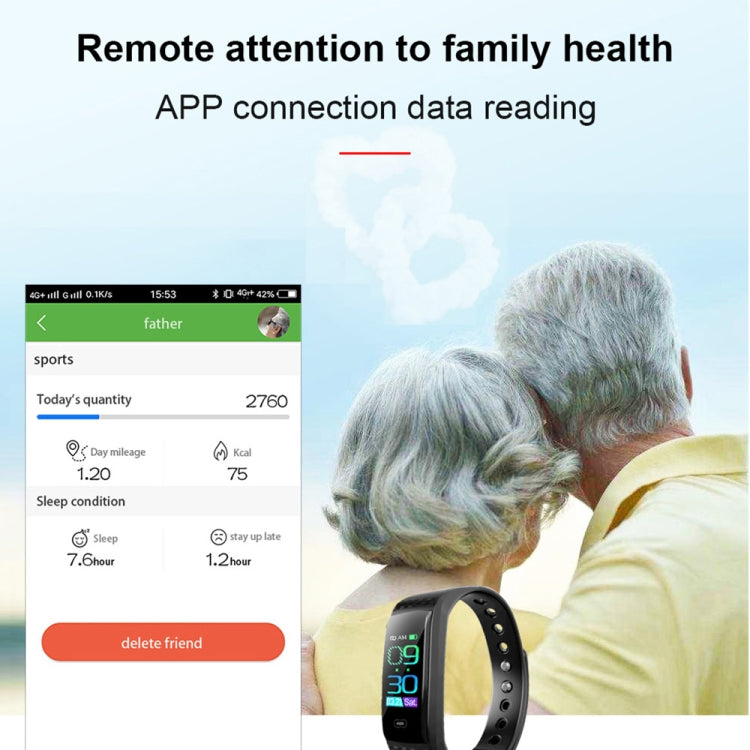 Smart bracelet on wrist with glowing health screen, black silicone band