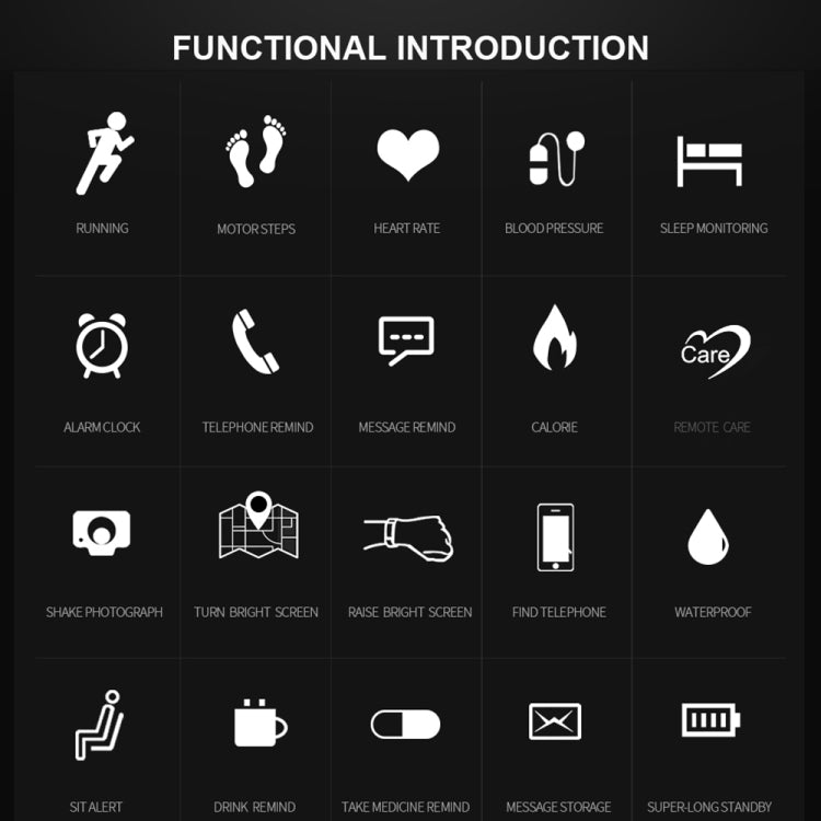 Smart bracelet function icons for heart rate, blood pressure, and sleep monitoring