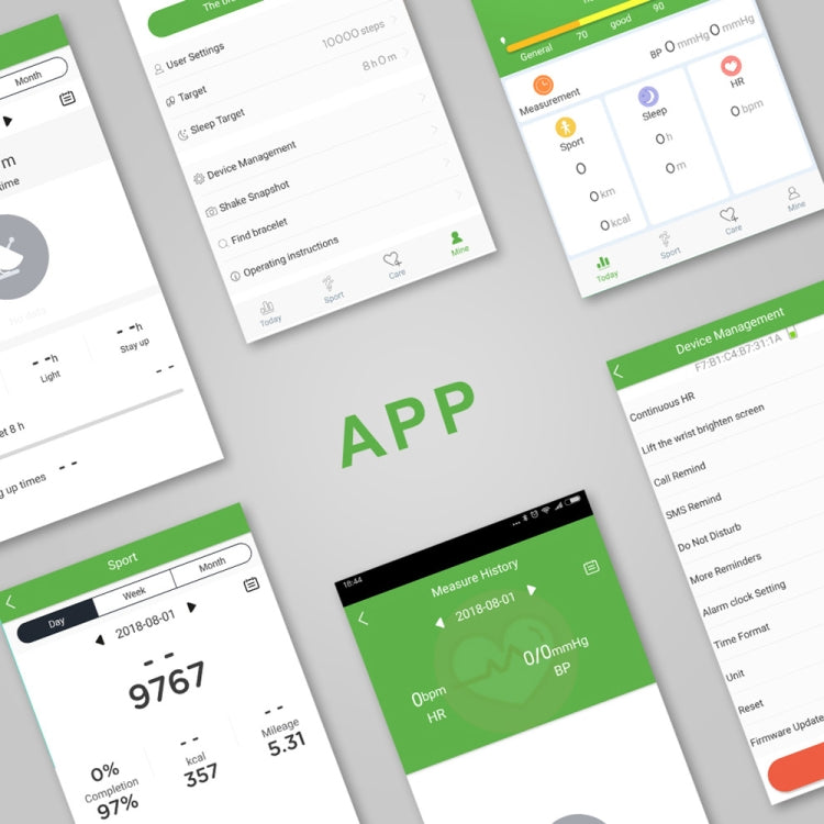 Smart bracelet companion app screens showing device metrics and settings