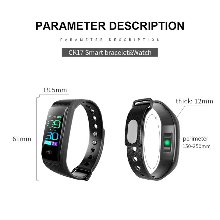 Black smart bracelet with display and silicone strap, dimension diagram