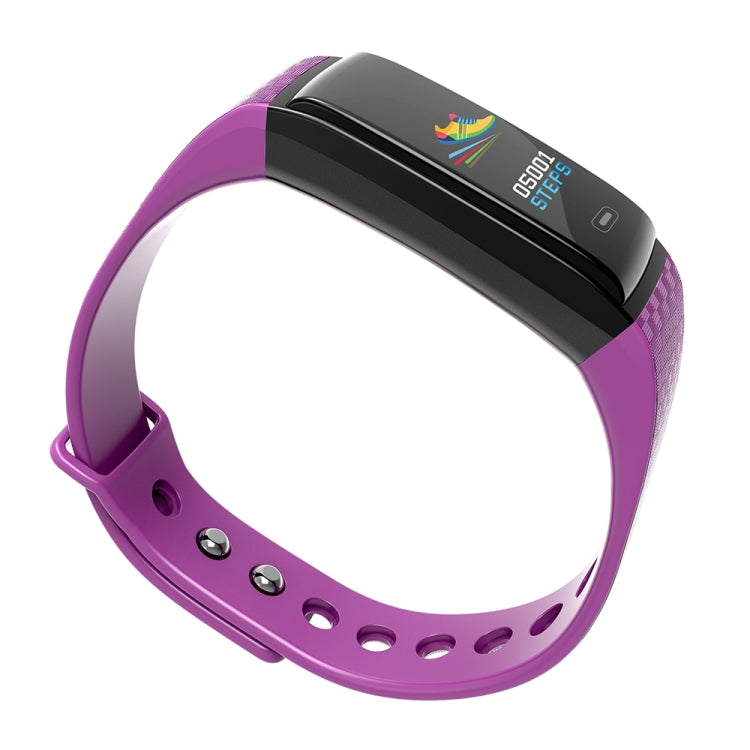 Purple sports smart bracelet with black fitness tracker module and status icons.