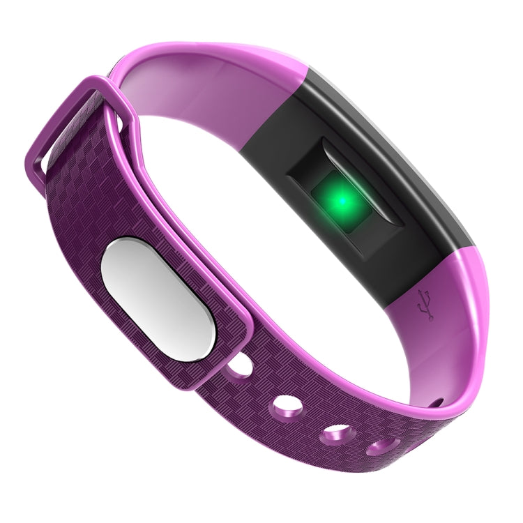 Purple smart bracelet with green sensor light and adjustable perforated band.