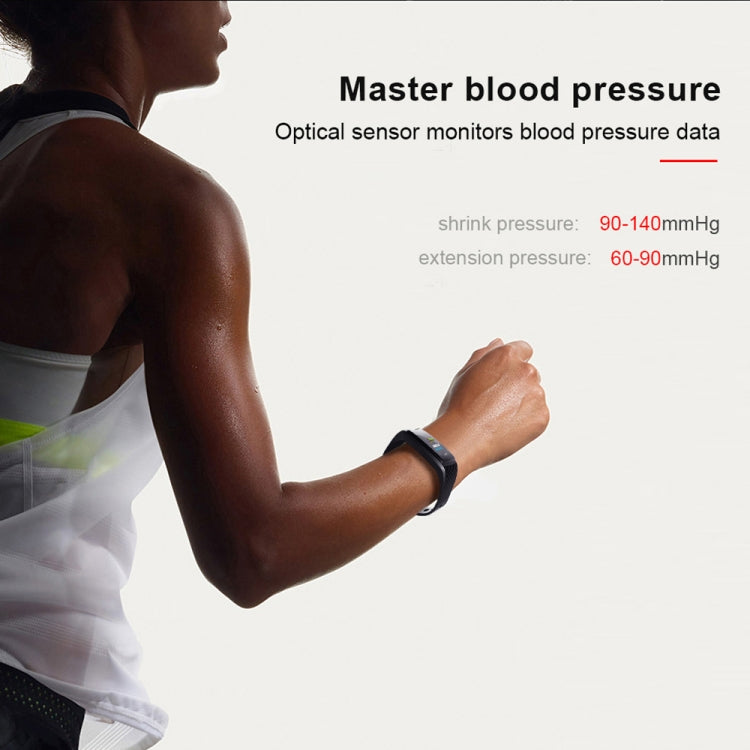 Black smart bracelet on wrist with display window visible.