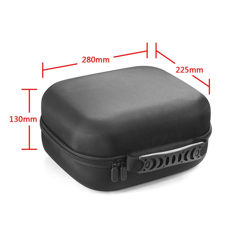 Black molded storage case with red measurement guides on the front