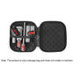 Black storage bag opened to show handheld vacuum accessory heads in compartments