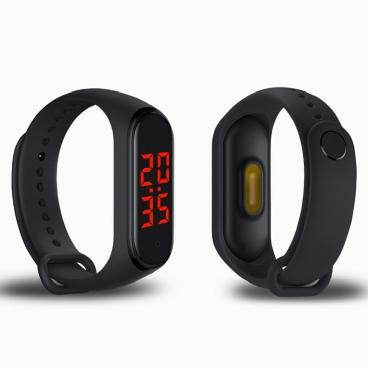 Black temperature monitoring bracelet, front and back view with red temperature screen