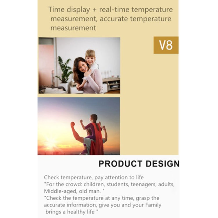 V8 product design card featuring a temperature monitoring bracelet and display