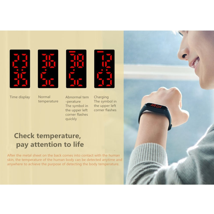 Brochure page showing a temperature monitoring bracelet with red temperature digits