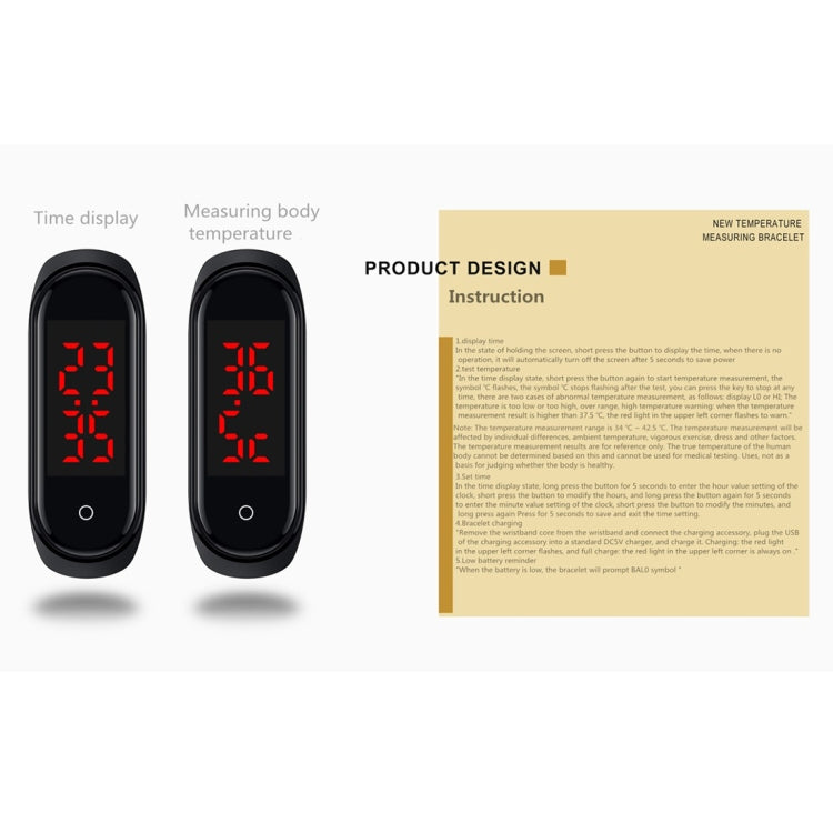 Instruction page with two black temperature monitoring bracelets and red readings