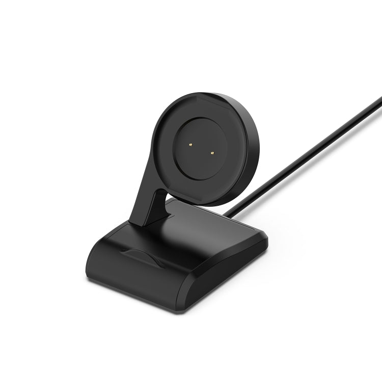 Black vertical charging cradle stand with smartwatch contact area and USB cable