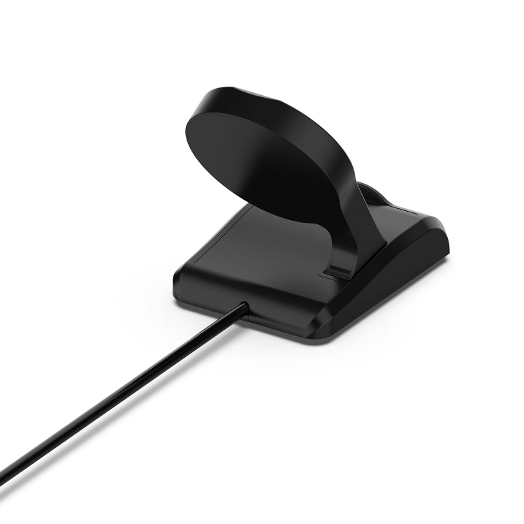 Black vertical charging cradle dock, angled view with USB cable connected