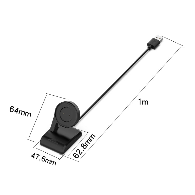 Black vertical charging cradle with USB cable and size dimensions, 1m cable