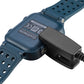 Blue watch band with charging clip attached to charging data cable
