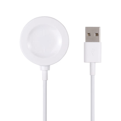 White magnetic wireless watch charging base with circular puck and USB-A connector cable