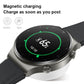 Magnetic wireless smartwatch on charging base with green progress indicator