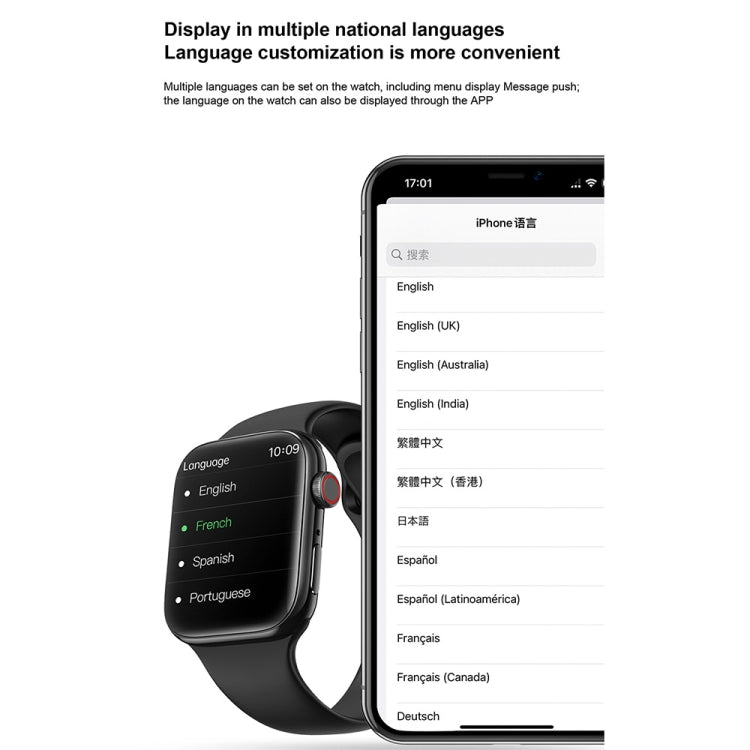 Smartwatch language settings displayed with selectable language list on a phone