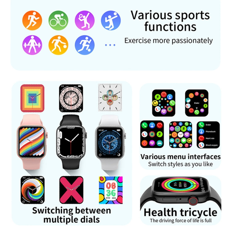 Smartwatch with multiple dial faces and colorful app menu icons on screen