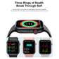 Smartwatch with circular health-tracking dial and three health metric panels