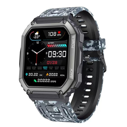 Camouflage black sport smartwatch with square screen and textured silicone band