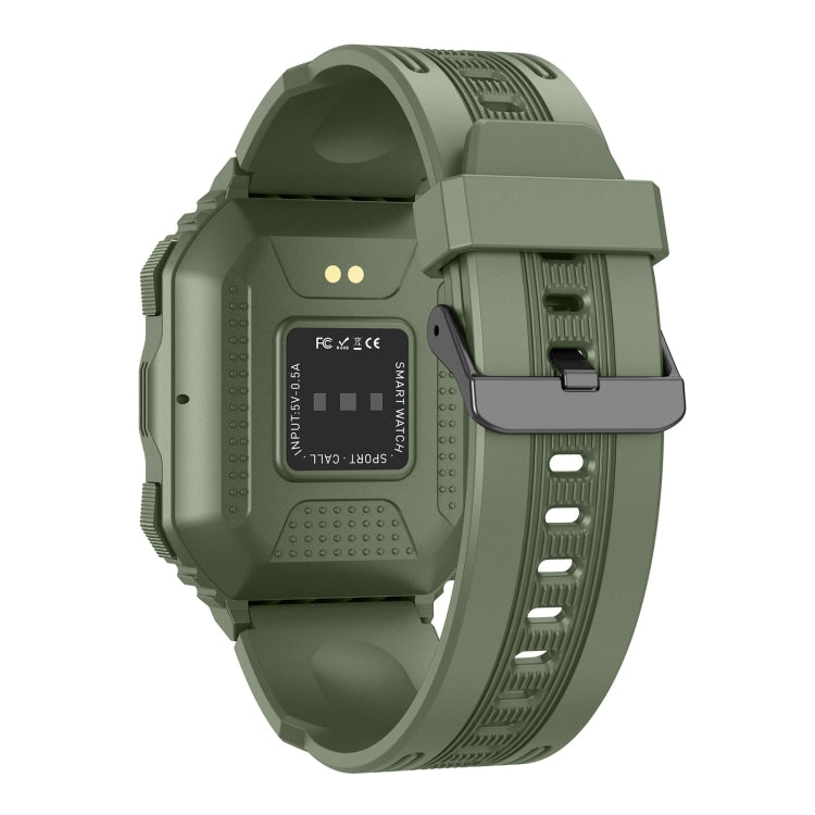 Olive green sport smartwatch back view with sensor area and perforated band