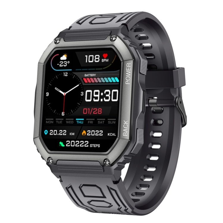 Black sport smartwatch with square display and camouflage silicone band