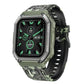 Camouflage green sport smartwatch with neon-green sport-style watch face