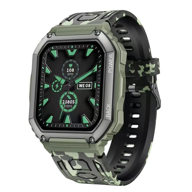Camouflage green sport smartwatch with neon-green sport-style watch face