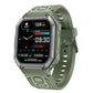 Olive green sport smartwatch front view with digital time display on screen