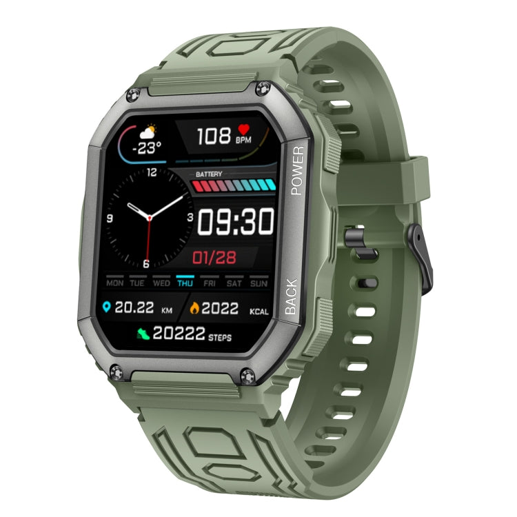 Olive green sport smartwatch front view with digital time display on screen