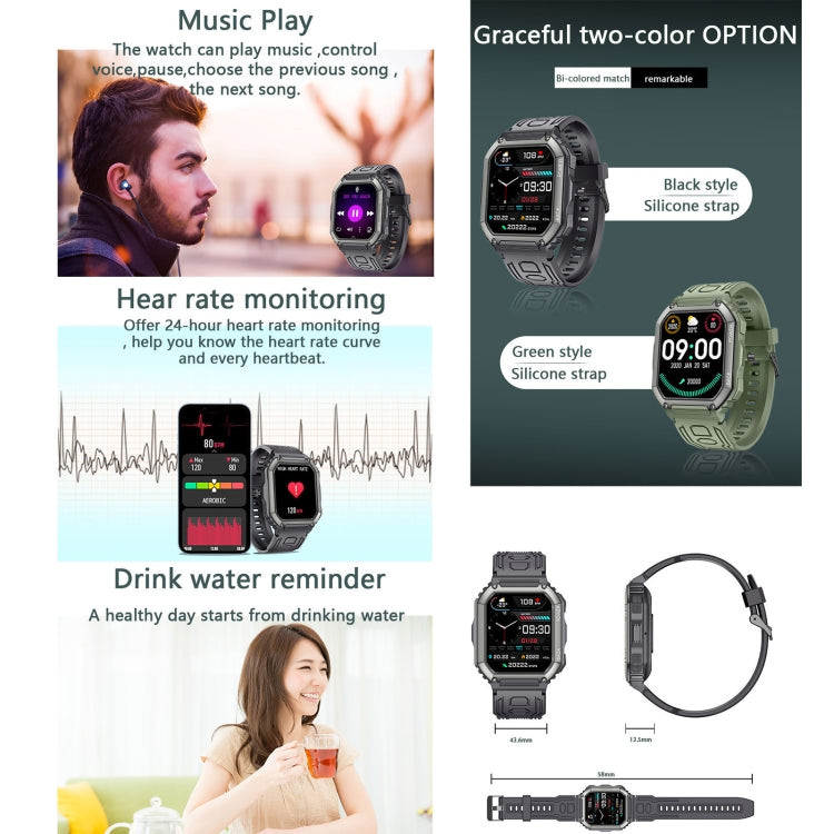 Black smartwatch and green-style watch with square display and silicone sport straps