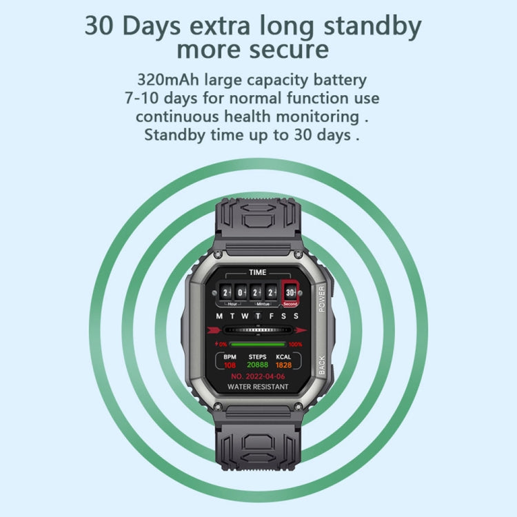 Black rugged smartwatch with square touchscreen and silicone sport strap