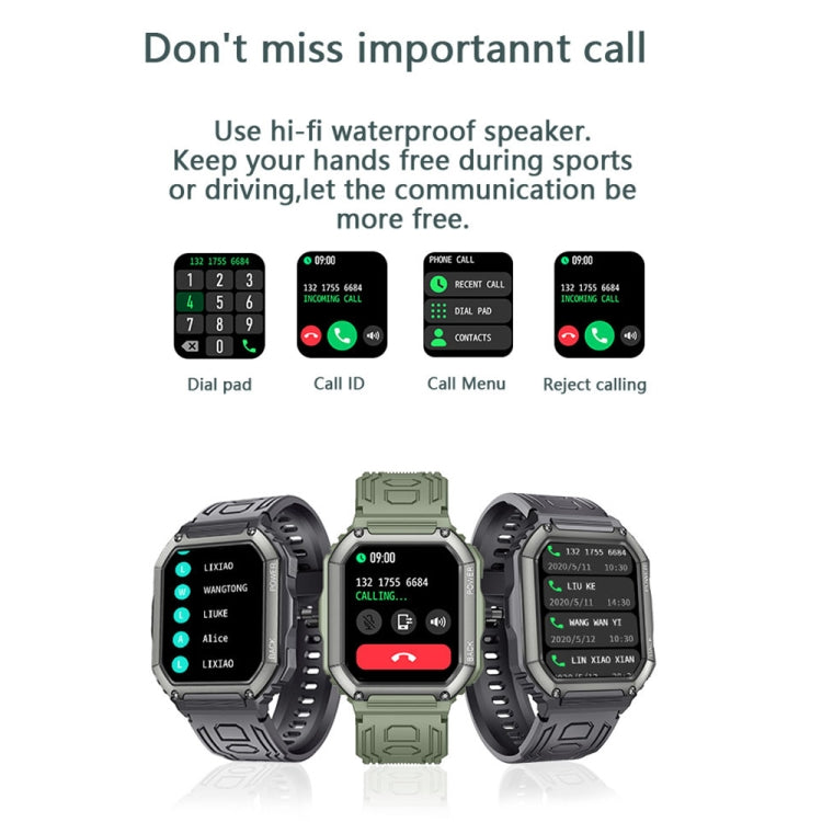 Green camo smartwatch with rounded square display and adjustable silicone strap