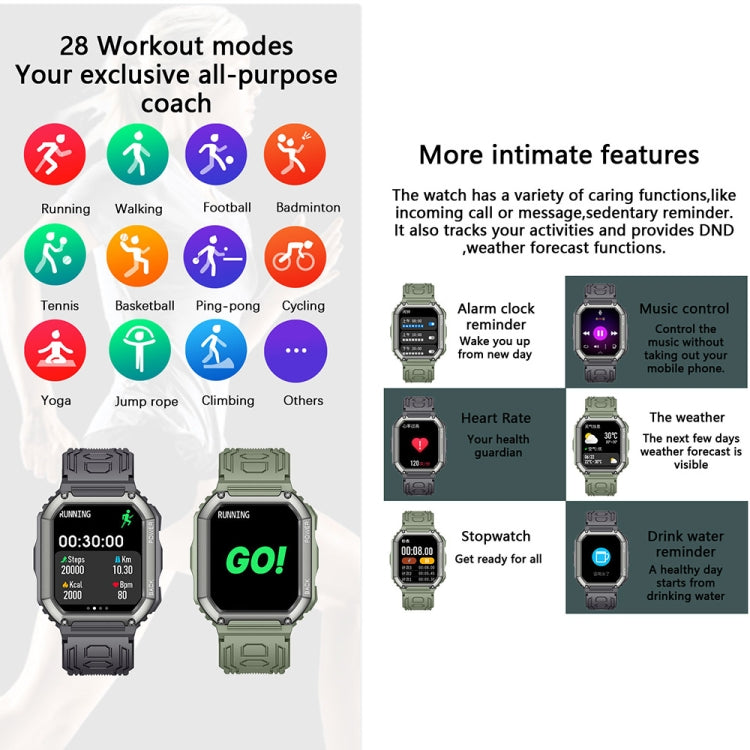 Black and green sports smartwatches with square touchscreen and silicone straps