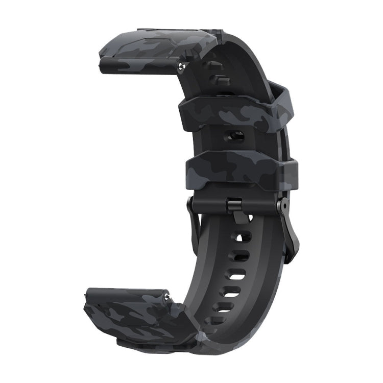 Camouflage silicone watch band with pin-and-buckle clasp, dark gray and black pattern