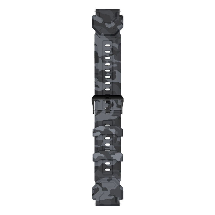 Camouflage silicone watch band, flat view with adjustment holes and clasp ends