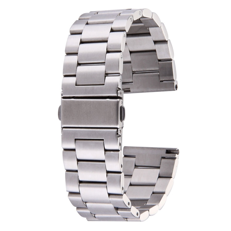 Stainless steel watch band with butterfly buckle, bead-style metal links in silver