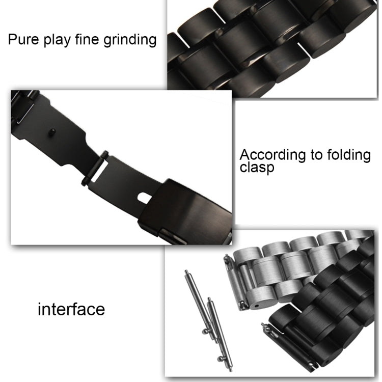 Black metal watch strap with folding clasp and hinged butterfly buckle