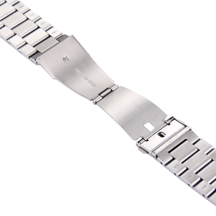 Stainless steel watch band center clasp plate with bead-style links, silver tone