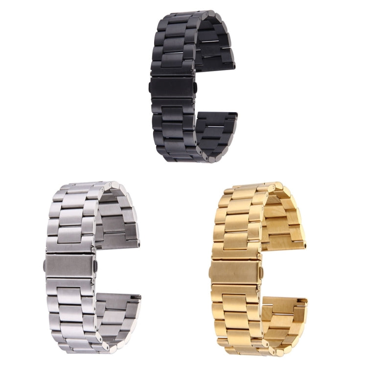 Set of metal watch straps in black, silver, and gold with fold-over clasps
