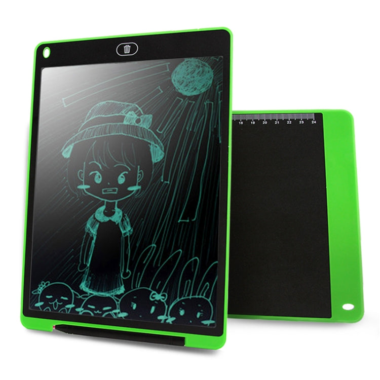 12-inch LCD writing tablet, green border with teal cartoon drawing on dark screen